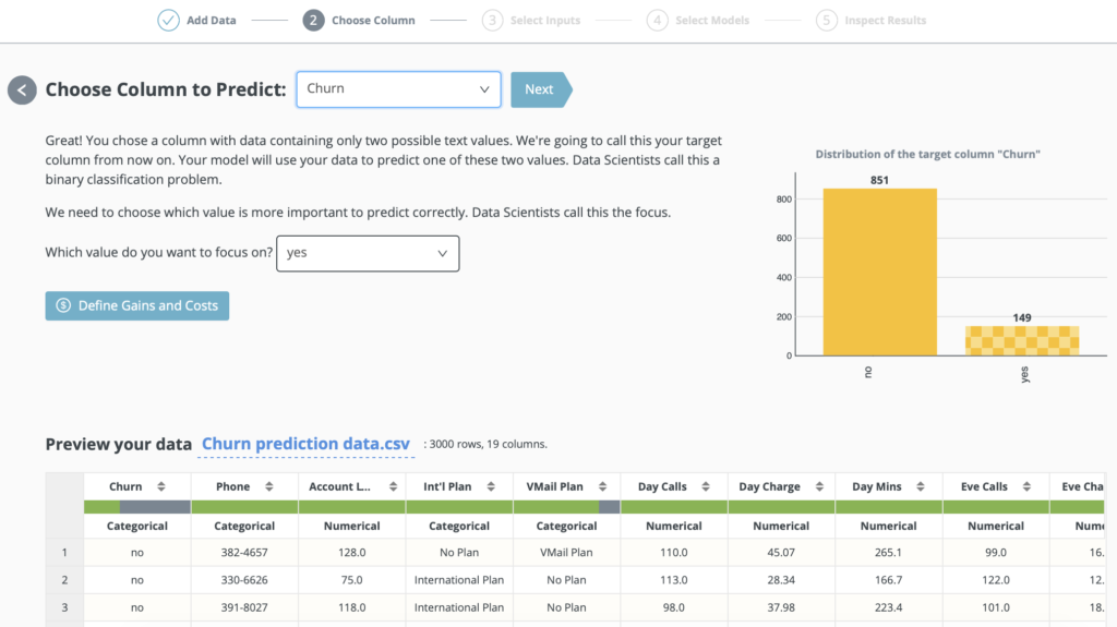 RapidMiner Go - Select feature to predict.